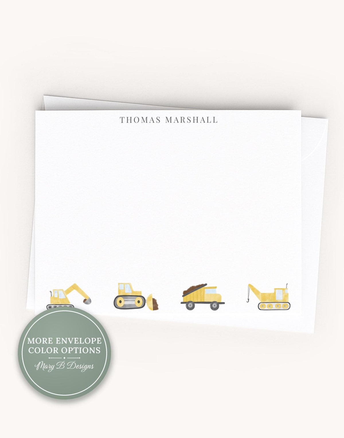 Personalized A2 Size Watercolor Construction Stationery, Boy Dump Truck Bulldozer Flat Notecard Set __etsy:8587703075