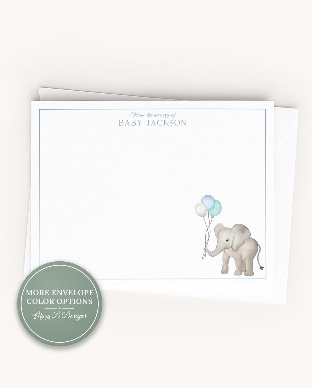 Personalized A2 Size Watercolor Blue Boy Elephant Stationery, Newborn Baby Flat Notecard Set __etsy:8587712785