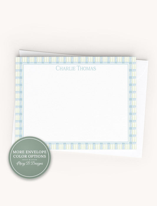 Personalized A2 Size Blue Green Gingham Stationery, Boy Colorful Flat Notecard Set __etsy:8587742273