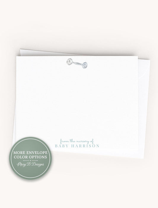 Personalized A2 Size Blue Baby Rattle Stationery, Newborn Boy Flat Notecard Set __etsy:8587744181