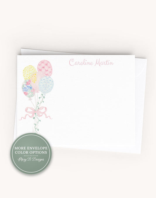 Personalized A2 Size Watercolor Happy Birthday Balloon Flat Notecard Set, Party Kid Girl Stationery __etsy:8604114139