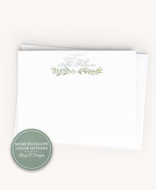 Personalized A2 Size Watercolor Greenery Stationery, Blue Green Family Married Flat Notecard Set __etsy:8604125715