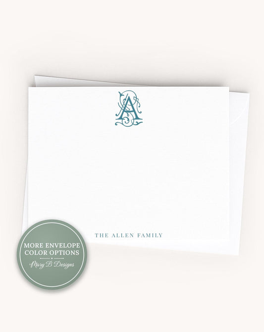 Personalized A2 Size Script Single Monogram Stationery, Colorful Family Initial Flat Notecard Set __etsy:8604174773
