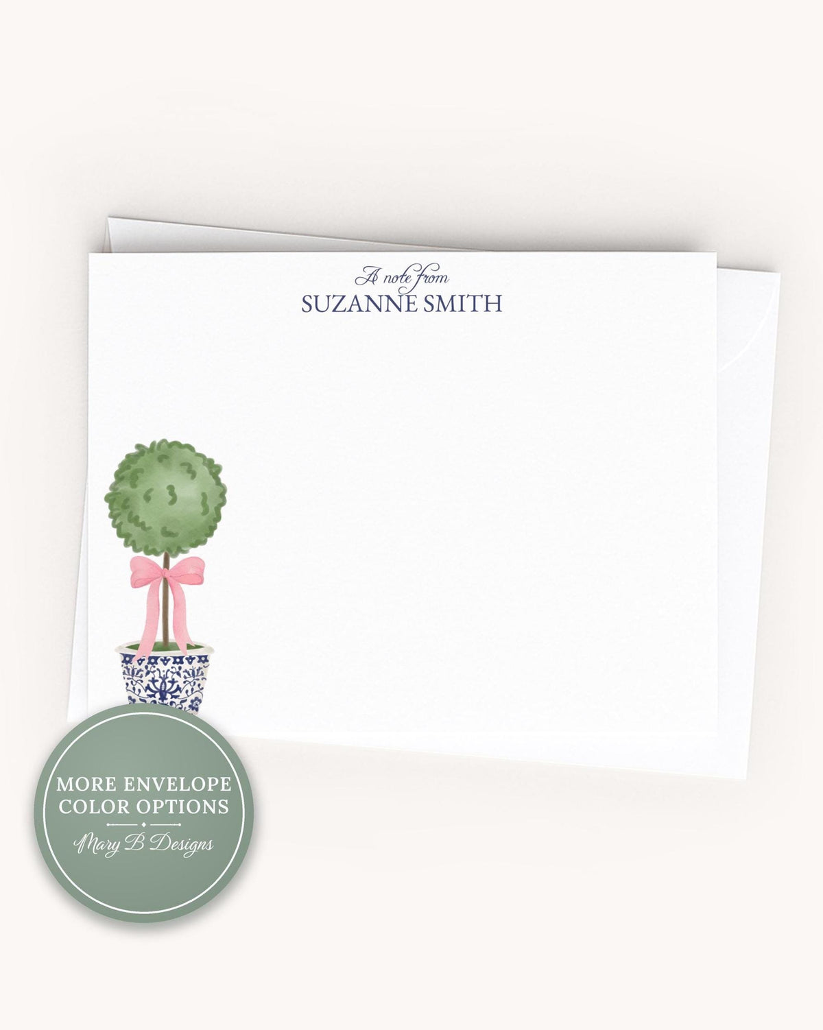 Personalized A2 Size Topiary Pink Bow Greenery Stationery, Women Girl Flat Notecard Set __etsy:8604183793