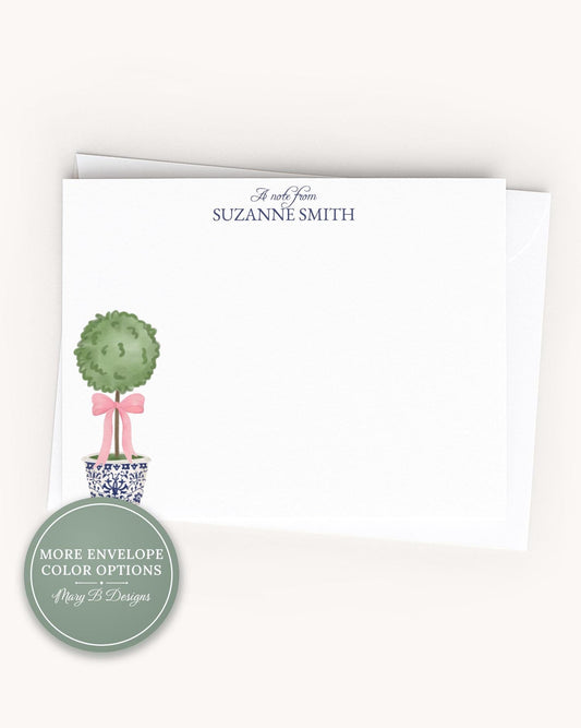 Personalized A2 Size Topiary Pink Bow Greenery Stationery, Women Girl Flat Notecard Set __etsy:8604183793