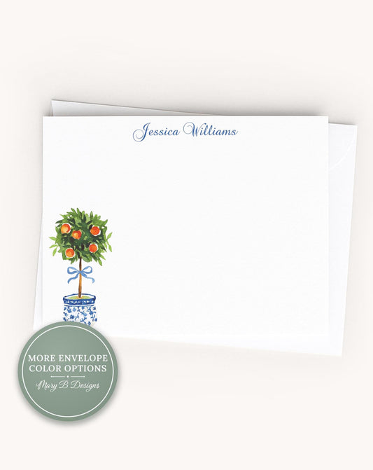 Personalized A2 Size Topiary Blue Bow Stationery, Women Girl Orange Tree Greenery Notecard Set __etsy:8604191273