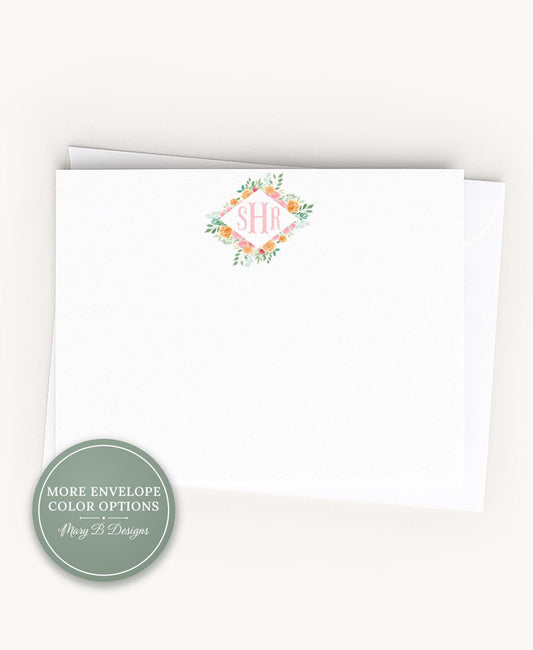Personalized A2 Size Monogram Floral Notecard Set, Pink Flowers Initials Girl Stationery __etsy:8604257059