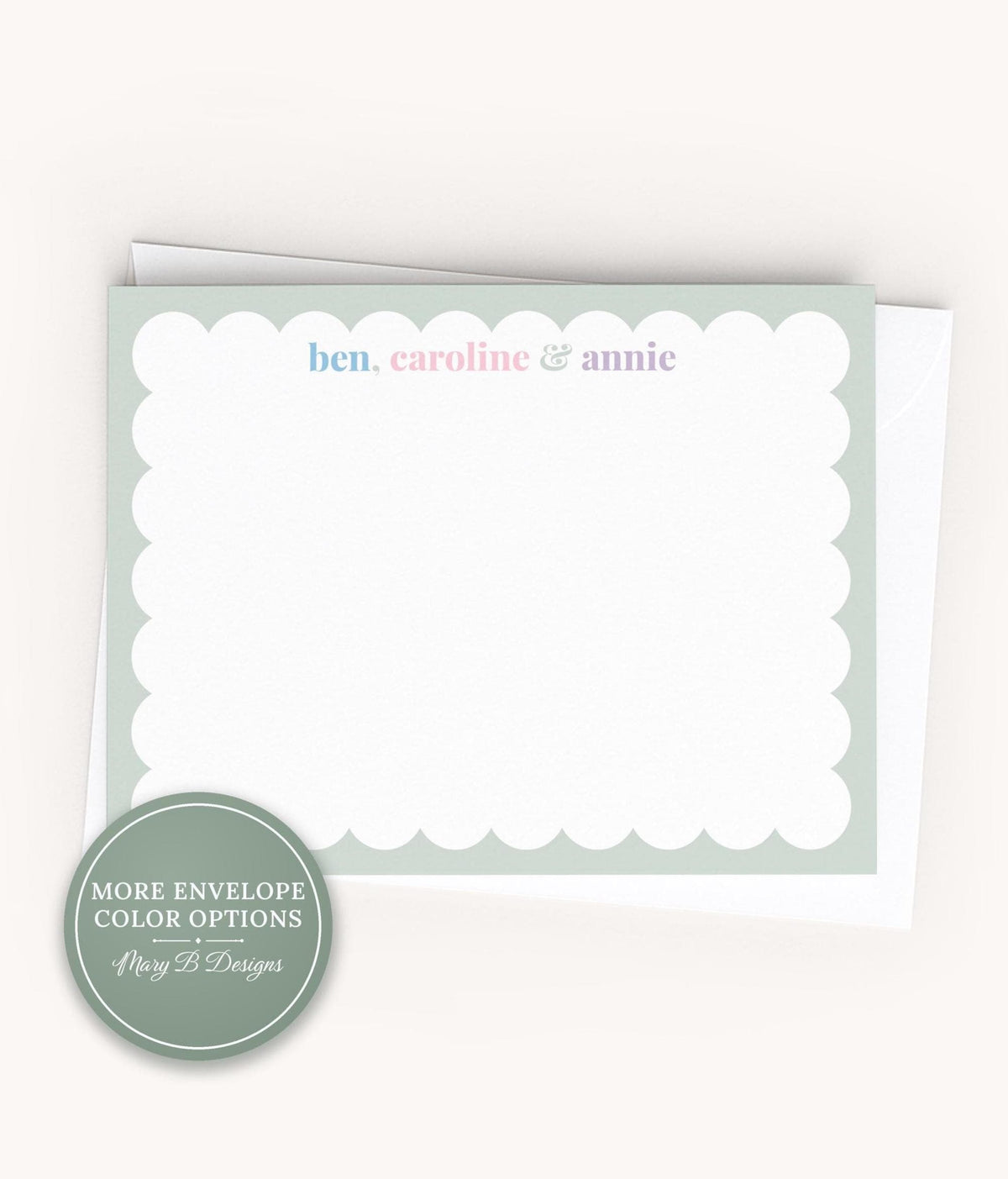 Personalized A2 Size Colorful Scallop Sibling Stationery, Scalloped Border Kid Flat Notecard Set __etsy:8604301061