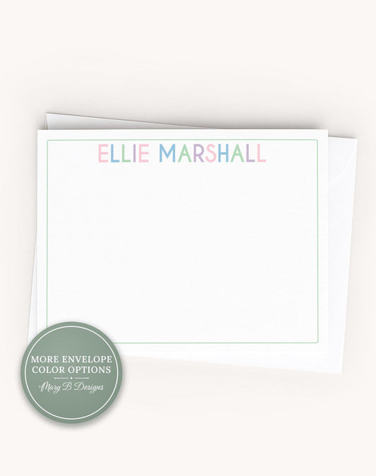 Personalized A2 Size Colorful Girl Stationery, Pastel Colors Name Kid Flat Notecard Set __etsy:8604394767