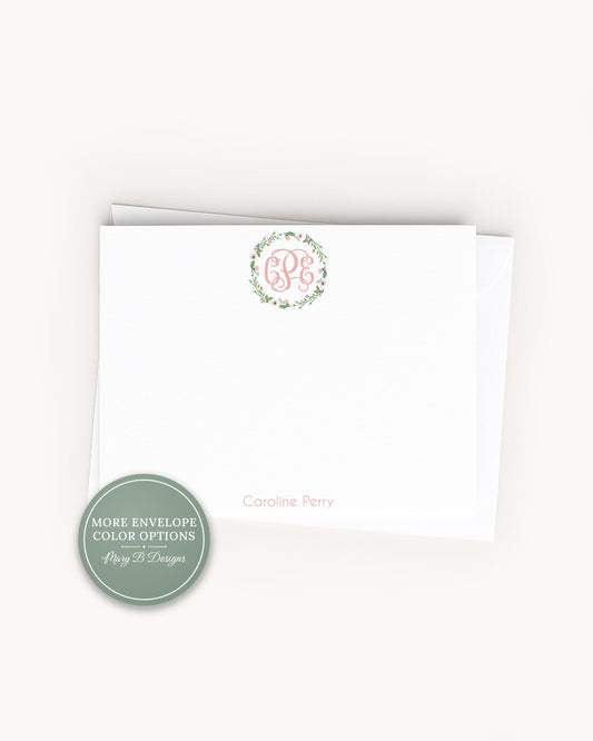 Personalized A2 Size Monogram Pink Wreath Flat Notecard Set, Girl Women Initials Stationery __etsy:8605128249