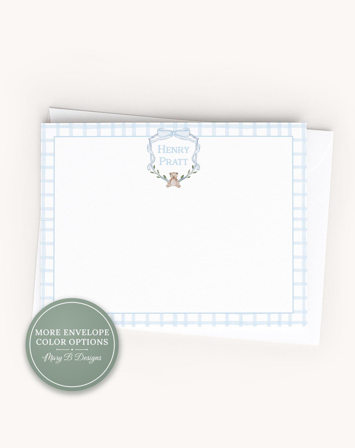 Personalized A2 Size Watercolor Teddy Bear Stationery, Boy Gingham Blue Bow Crest Flat Notecard Set __etsy:8605318637