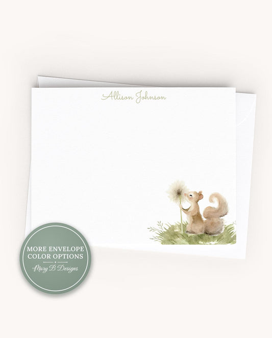 Personalized A2 Size Watercolor Squirrel Stationery, Floral Greenery Women Flat Notecard Set __etsy:8605321303