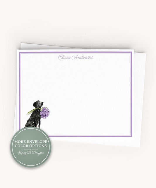 Personalized A2 Size Watercolor Labrador Dog Stationery, Floral Black Lab Puppy Flat Notecard Set __etsy:8605341241