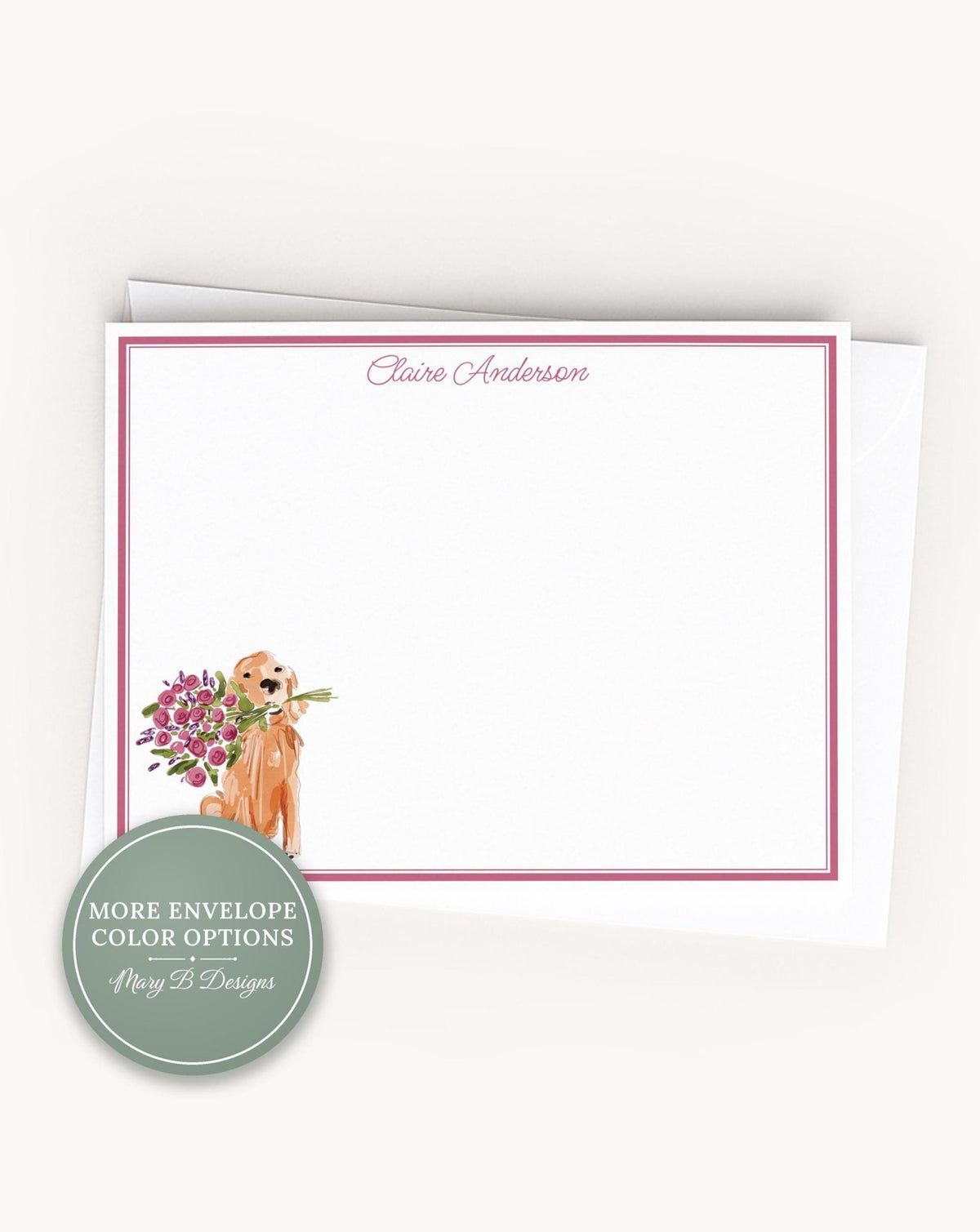 Personalized A2 Size Watercolor Floral Dog Stationery, Flower Golden Retriever Puppy Flat Notecard Set __etsy:8605344795