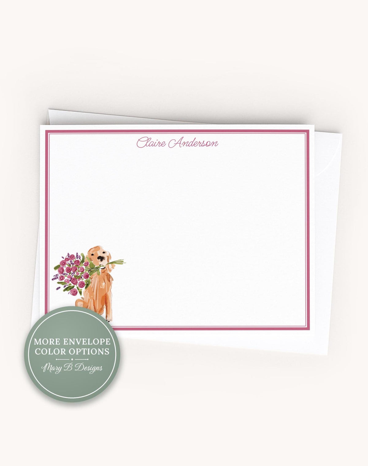 Personalized A2 Size Watercolor Dog Stationery, Floral Golden Retriever Puppy Flat Notecard Set __etsy:8605369665