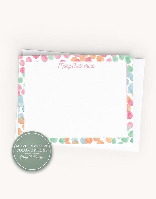 Personalized A2 Size Polka Dot Border Flat Notecard Set, Girl Colorful Confetti Stationery __etsy:8605379559