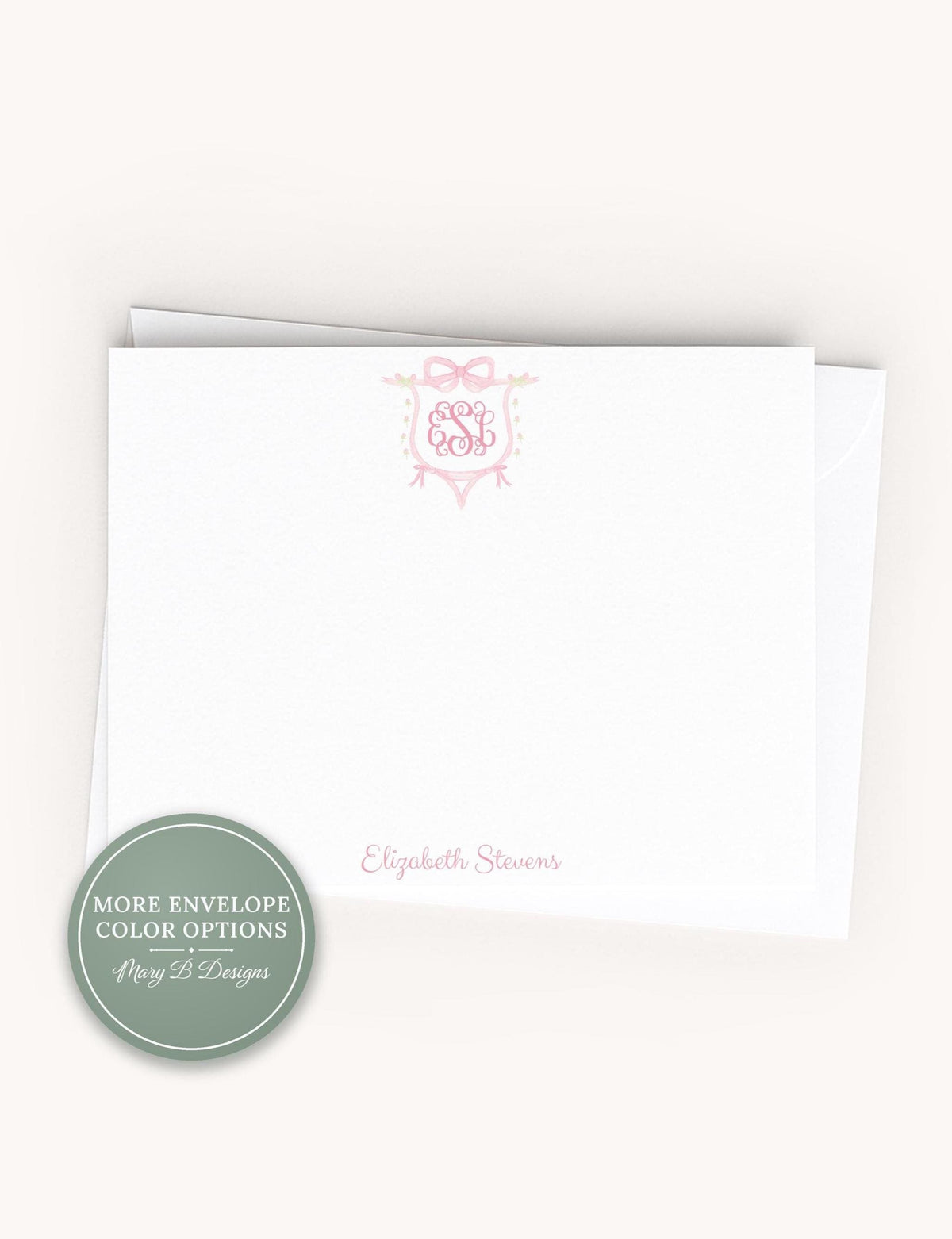 Personalized A2 Size Pink Monogram Crest Flat Notecard Set, Women Girl Initials Stationery __etsy:8605385999