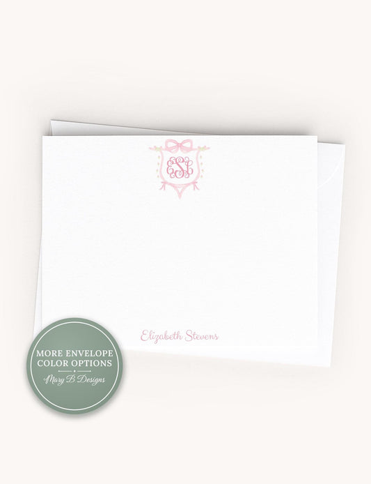 Personalized A2 Size Pink Monogram Crest Flat Notecard Set, Women Girl Initials Stationery __etsy:8605385999