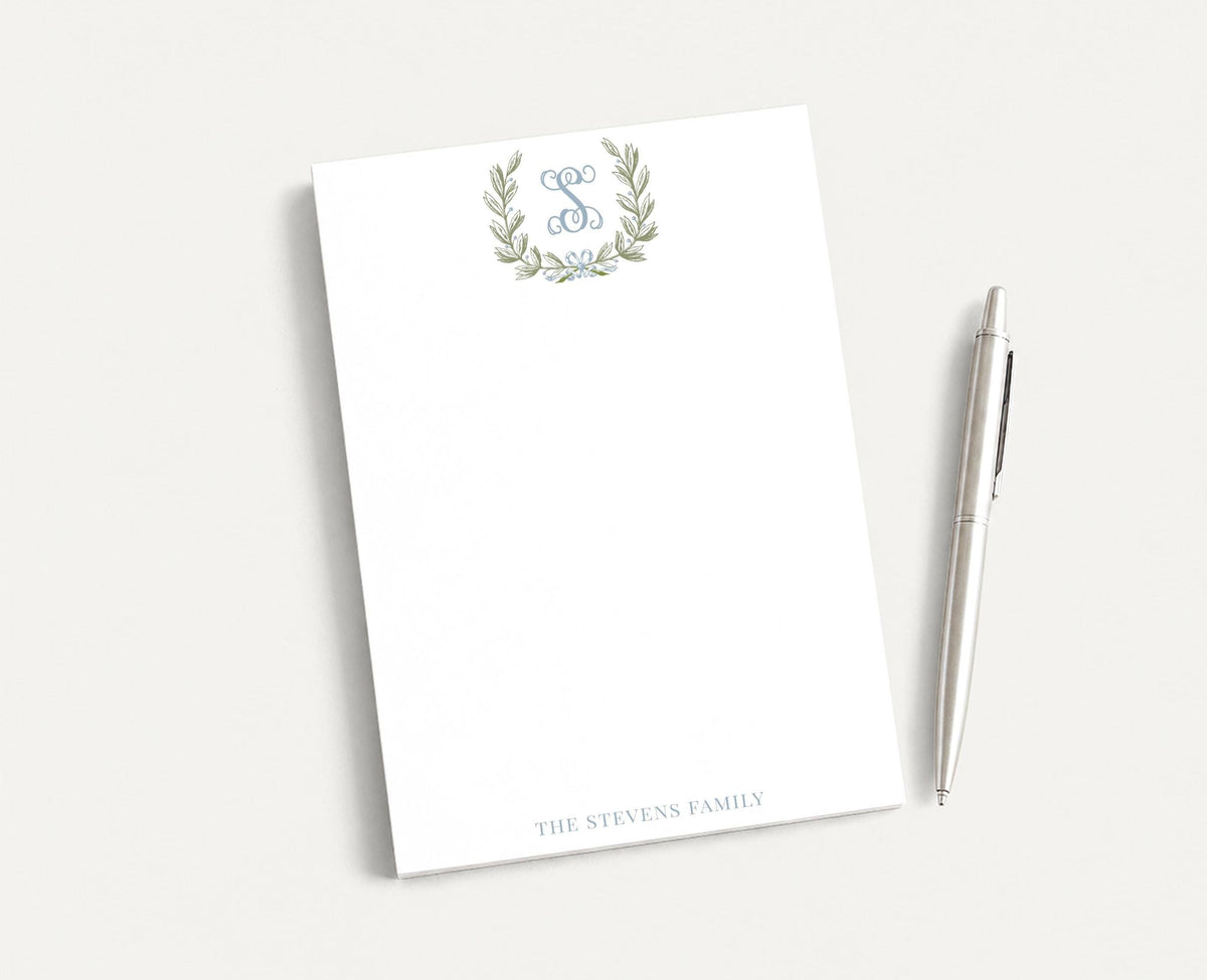 Personalized 5.5X5.5 or 5X7 Initial Greenery Crest Notepad, Floral Monogram Family Note __etsy:8605604149