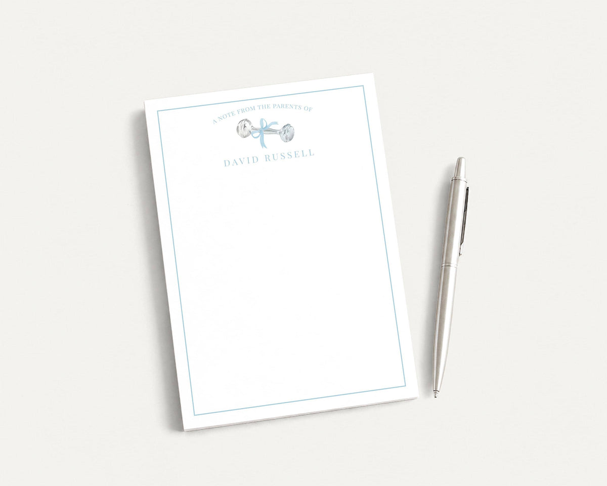 Personalized 5.5X5.5 or 5X7 Blue Baby Rattle Notepad, Newborn Boy Notes __etsy:8605946765
