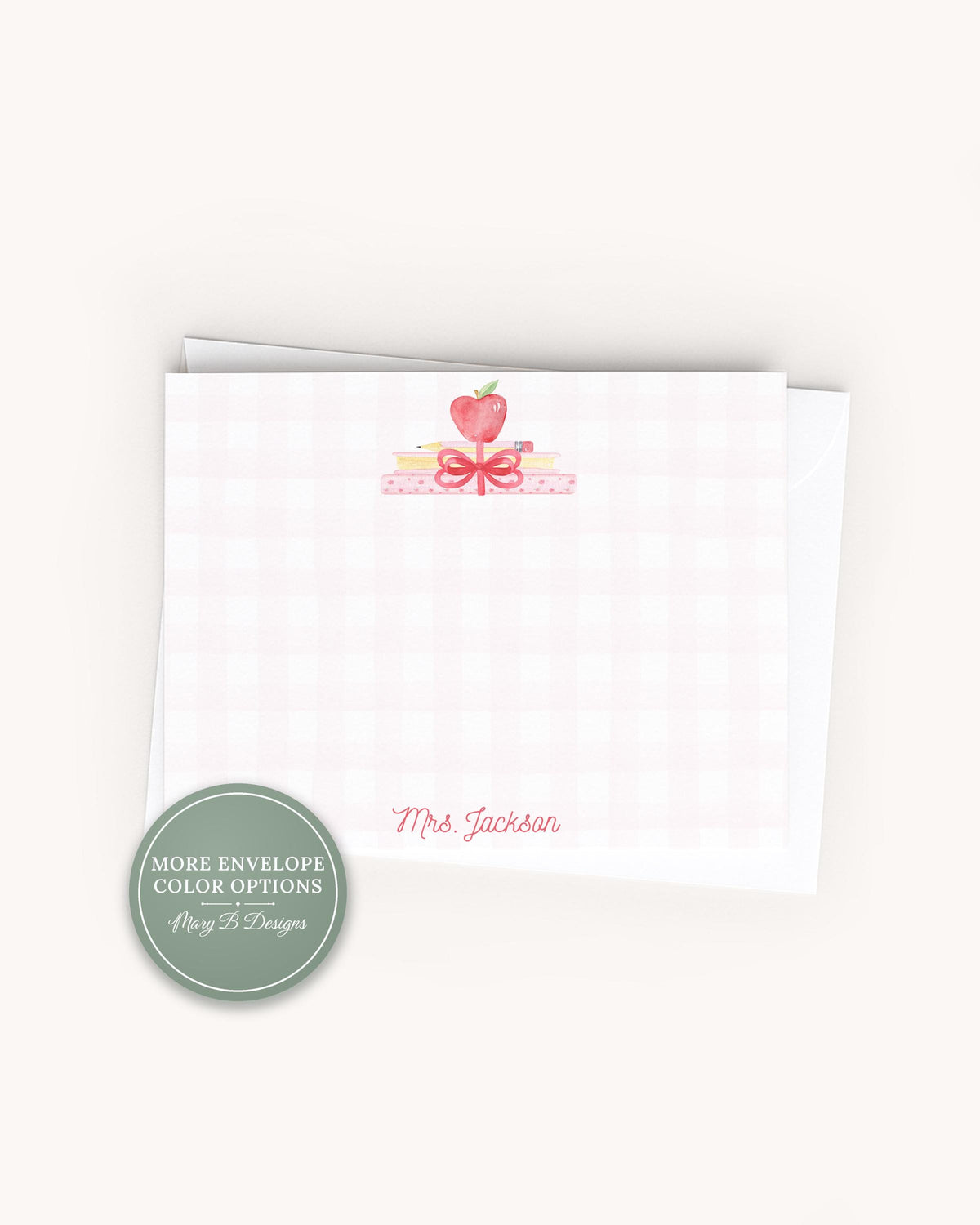 Personalized Teacher Bow Apple Stationery, Back to school Flat Notecard Set, Pink Book stack __etsy:8619870049