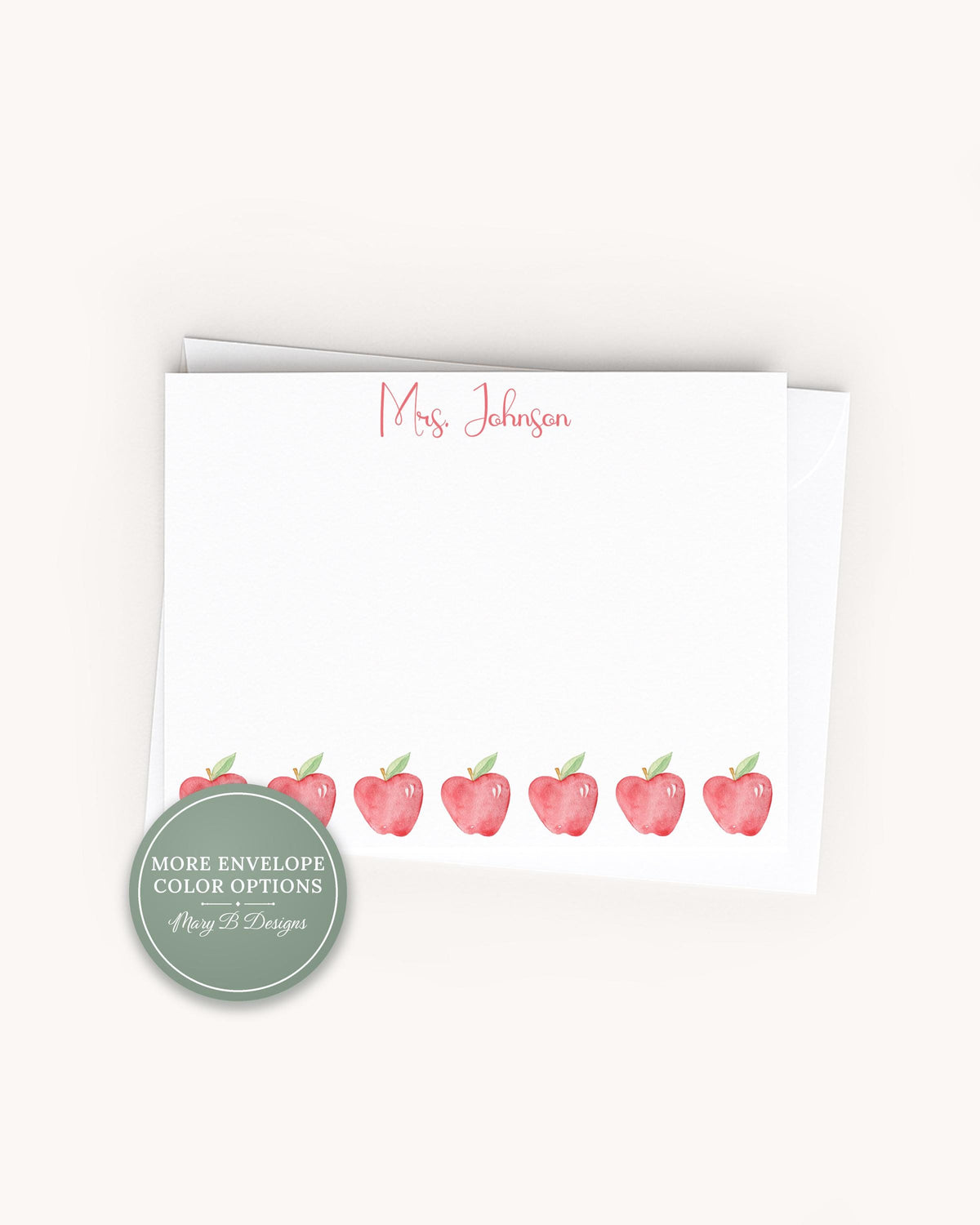 Personalized Apples Flat Note Card, Woman Teacher Notecard Set, Back to school stationery __etsy:8620238159
