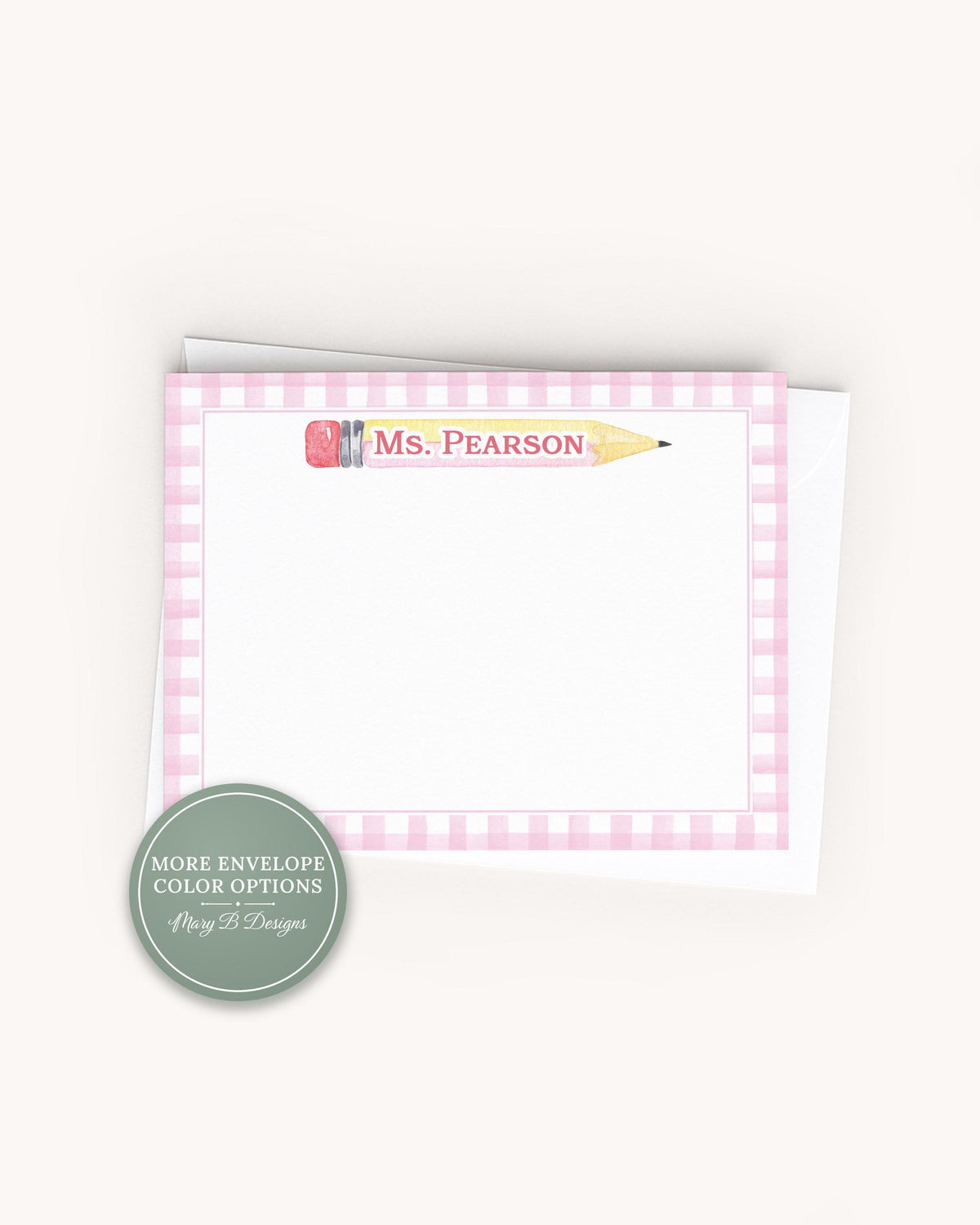 Personalized Teacher Flat Note Card, Woman Pencil Bow Notecard Set, Back to school stationery __etsy:8620266471