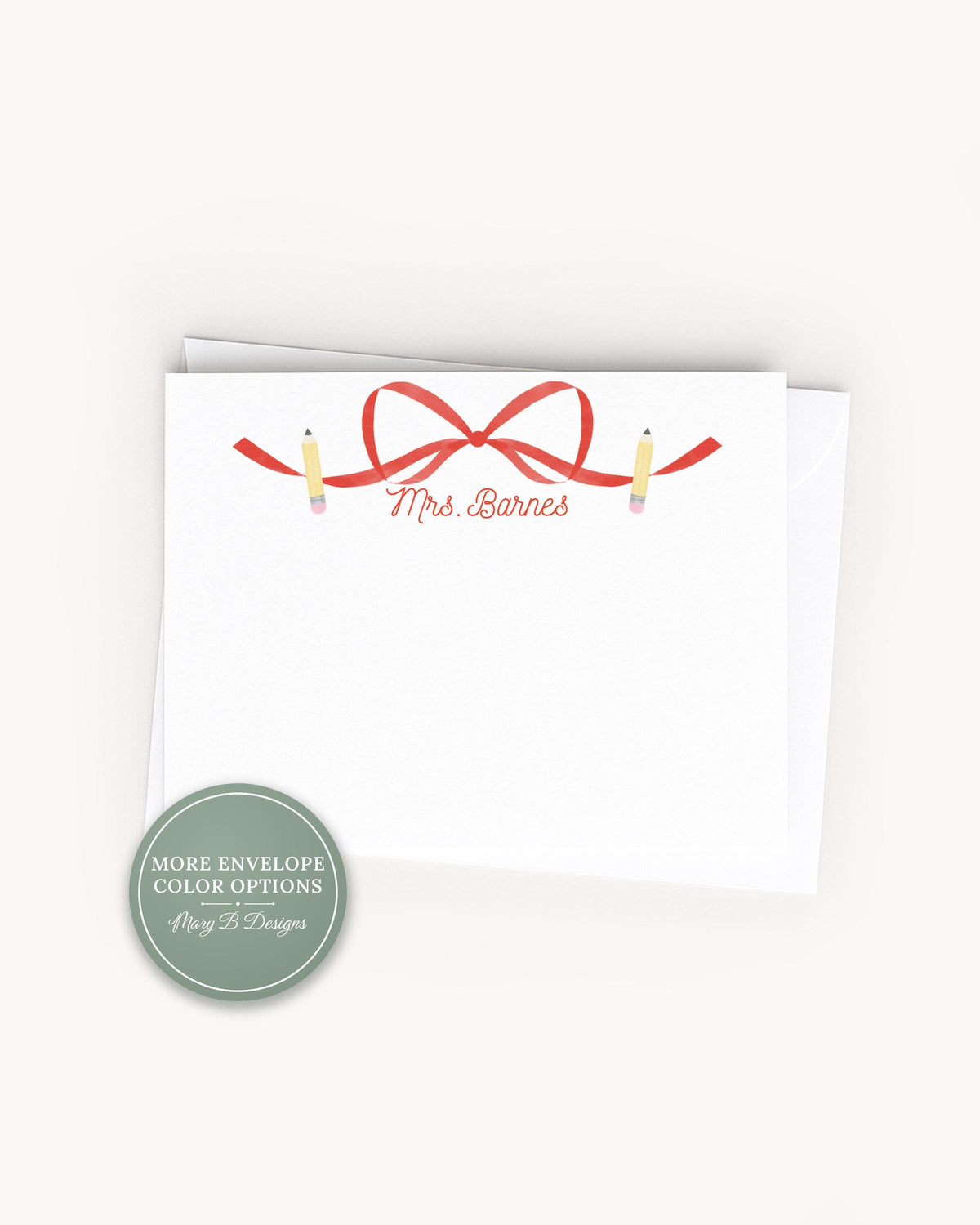Personalized Apple Blue Bow Flat Note Card, Woman Teacher Notecard Set, Back to school stationery __etsy:8620286347
