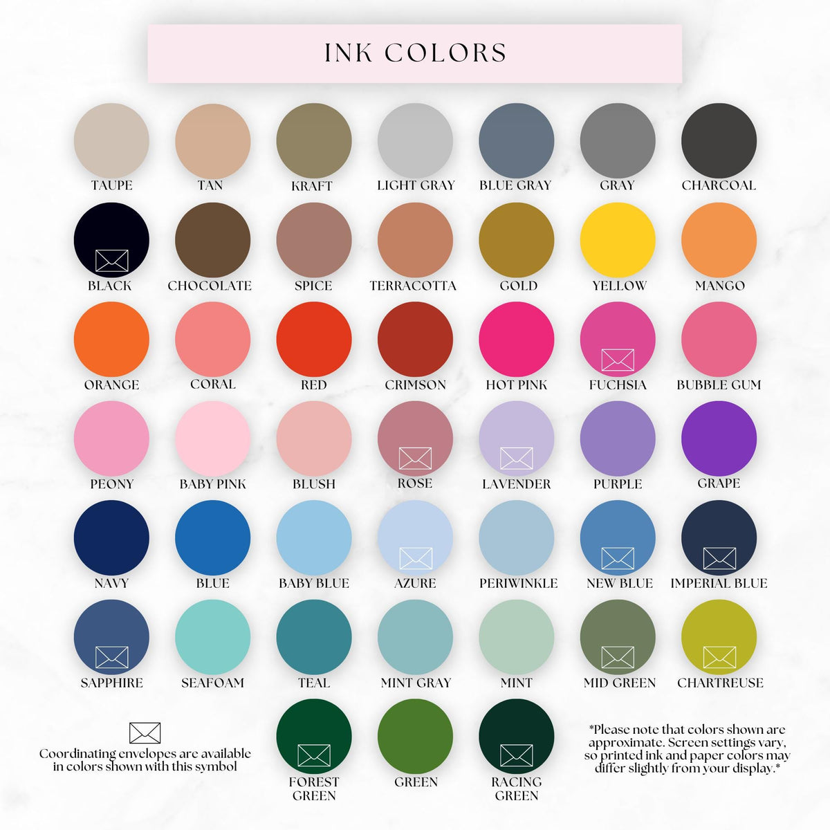 a collection of various ink colors, including shades of black, brown, beige, gray, and more, arranged in a grid format. The colors are organized in a way that allows for easy identification and comparison. __etsy:8671788850