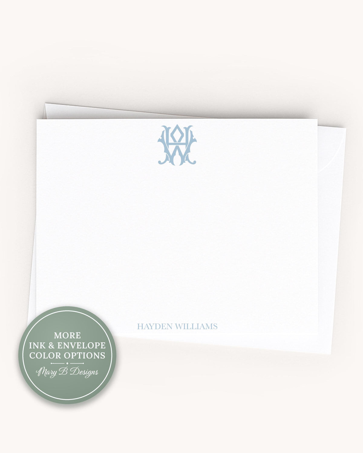A white card with a monogram logo and the name 'Hayden Williams' printed on it. __etsy:8719640587