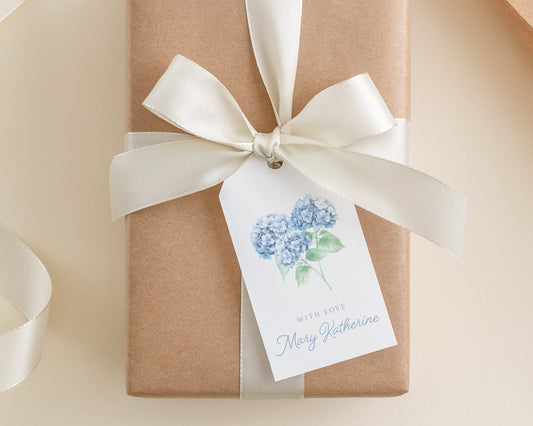 2 x 3.5 inch Personalized Watercolor Blue Hydrangea Gift Tags | Custom Floral Women Tag